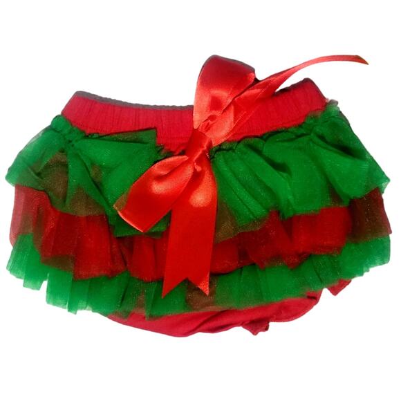 Baby Girls Red & Green Ruffle Bloomers with Red Satin Bow XS - Picture 1 of 3